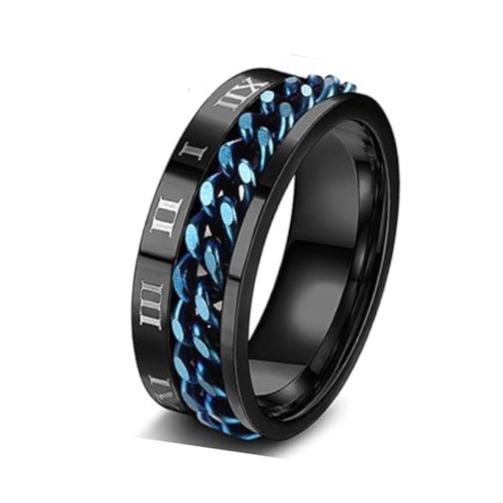 Black Stainless Steel Roman Numeral Blue Chain Spinner Ring Fidget Band